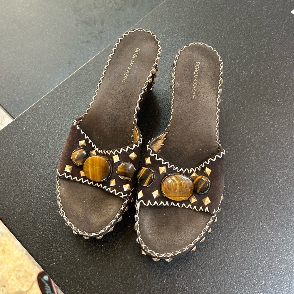 Brown Beaded Women's Wedged Heels